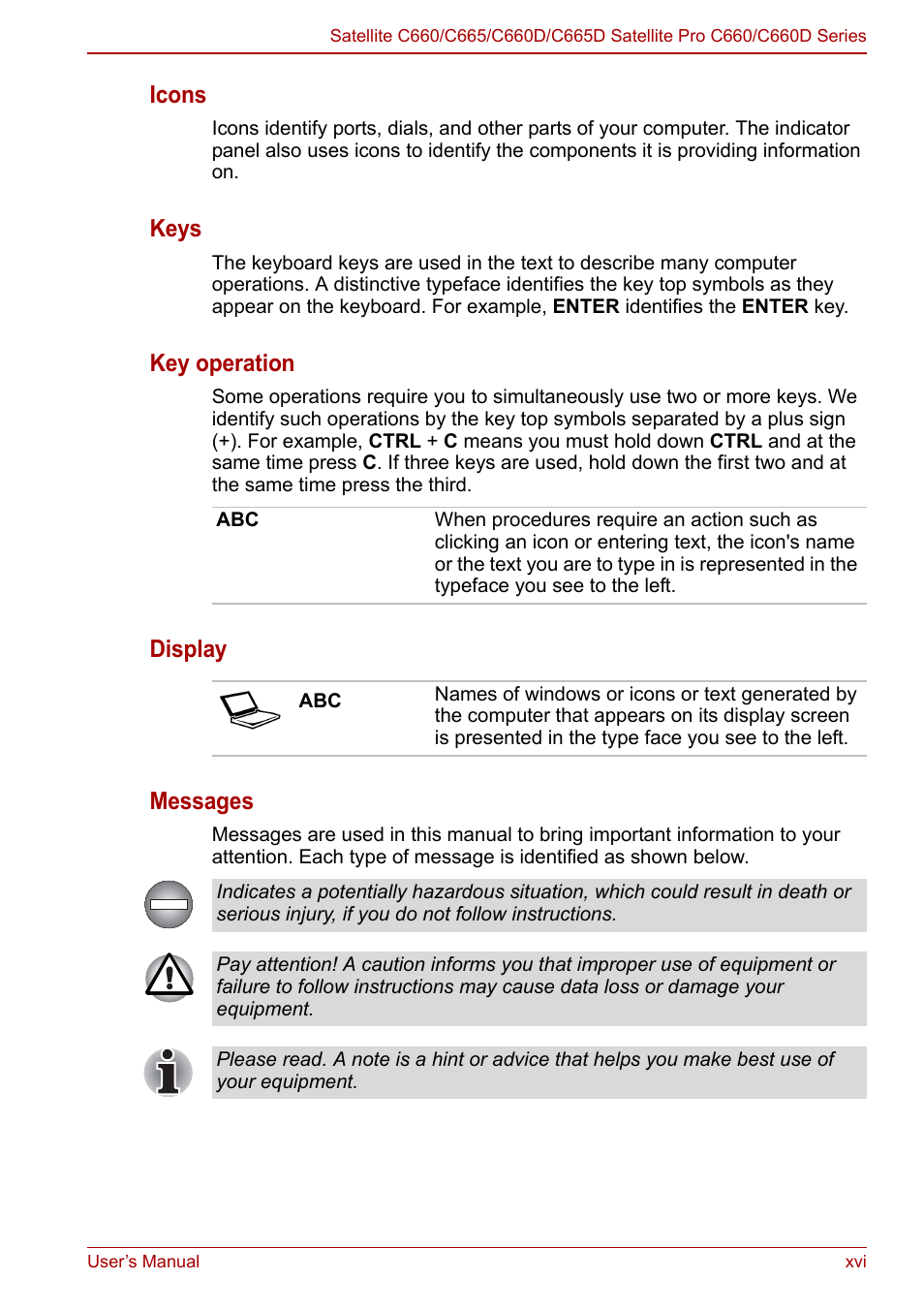 Icons, Keys, Key operation | Display messages | Toshiba Satellite C660 User Manual | Page 16 / 158