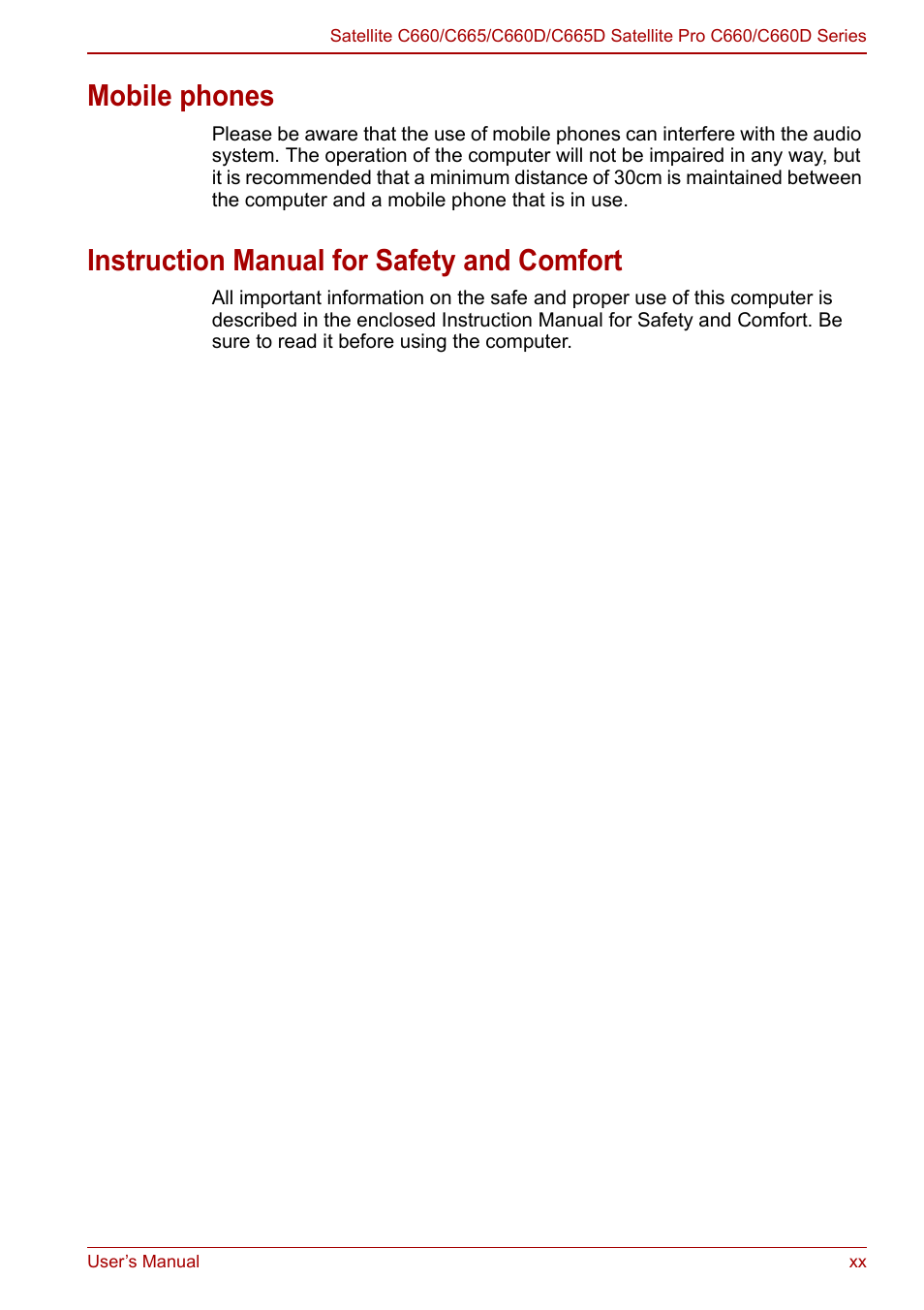 Mobile phones, Instruction manual for safety and comfort | Toshiba Satellite C660 User Manual | Page 20 / 158