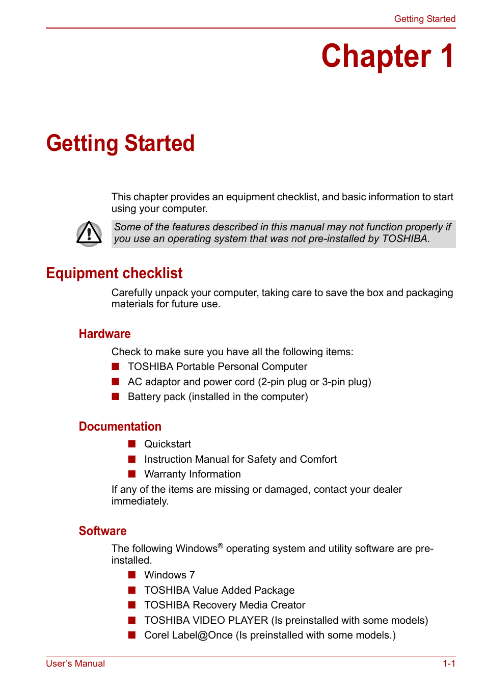 Chapter 1: getting started, Equipment checklist, Chapter 1 | Getting started, Equipment checklist -1 | Toshiba Satellite C660 User Manual | Page 21 / 158
