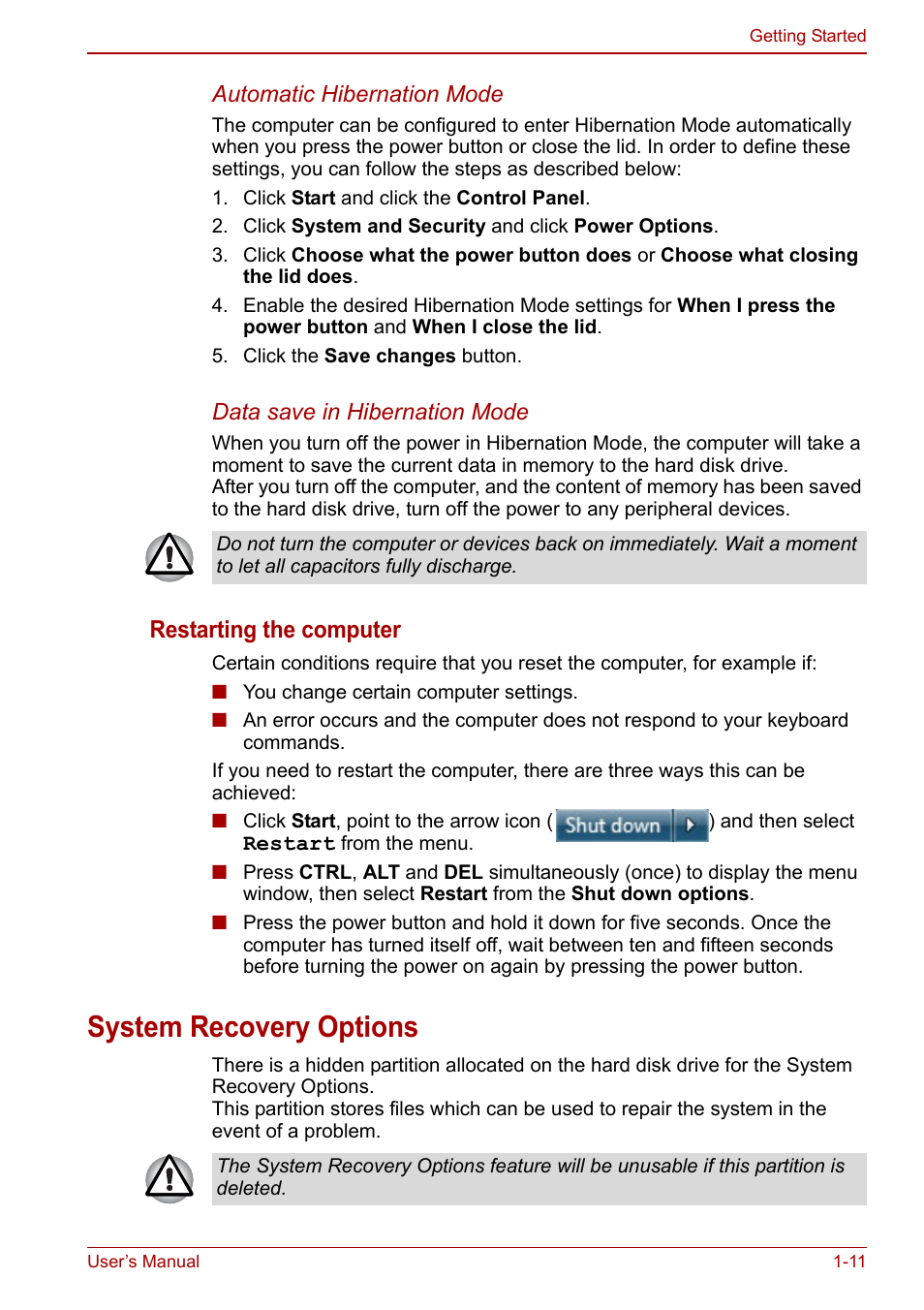 System recovery options, System recovery options -11, Restarting the computer | Toshiba Satellite C660 User Manual | Page 31 / 158