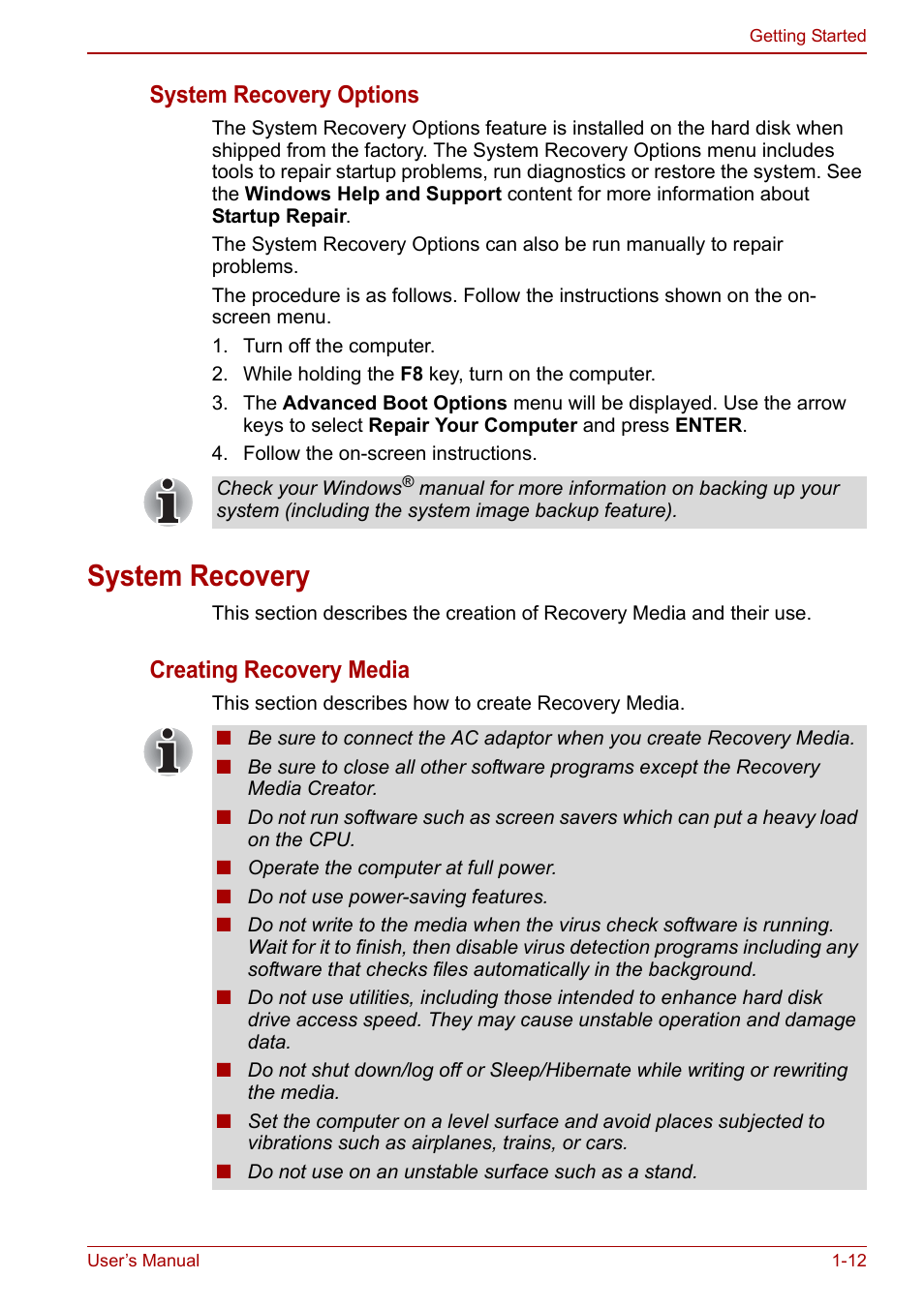 System recovery, System recovery -12, System recovery options | Creating recovery media | Toshiba Satellite C660 User Manual | Page 32 / 158