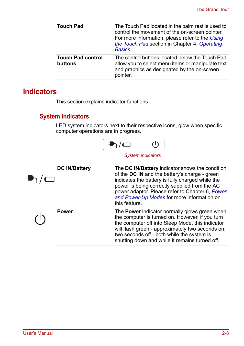 Indicators, Indicators -8, System | System indicators | Toshiba Satellite C660 User Manual | Page 43 / 158