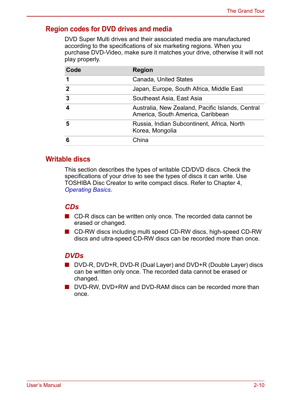Region codes for dvd drives and media, Writable discs | Toshiba Satellite C660 User Manual | Page 45 / 158