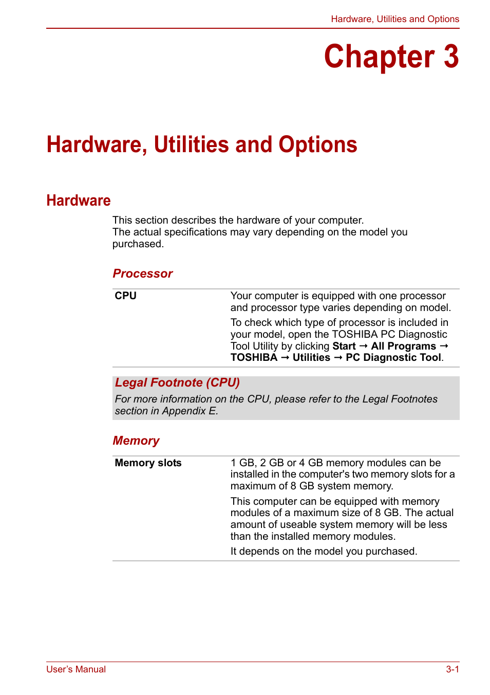 Chapter 3: hardware, utilities and options, Hardware, Chapter 3 | Hardware, utilities and options, Hardware -1, Utilities and options, Apter 3, Hardware, utilities and, Options, Ter 3 | Toshiba Satellite C660 User Manual | Page 47 / 158