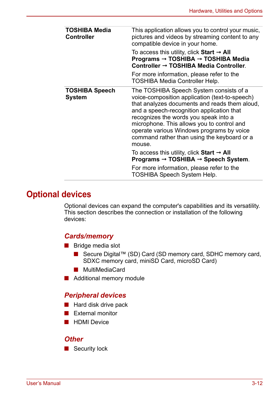 Optional devices, Optional devices -12 | Toshiba Satellite C660 User Manual | Page 58 / 158
