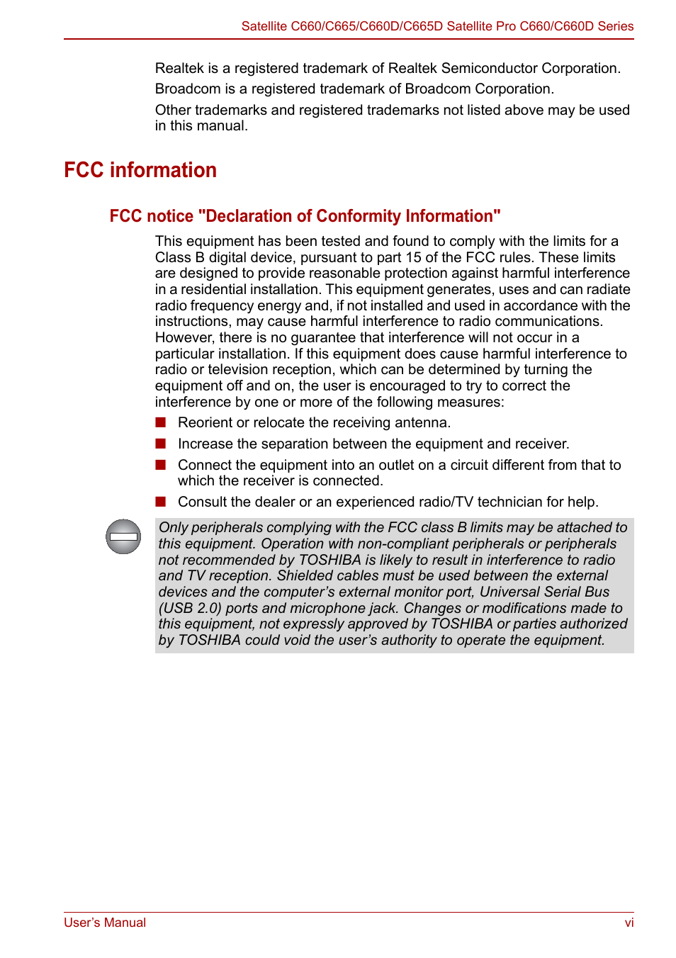 Fcc information, Fcc notice "declaration of conformity information | Toshiba Satellite C660 User Manual | Page 6 / 158