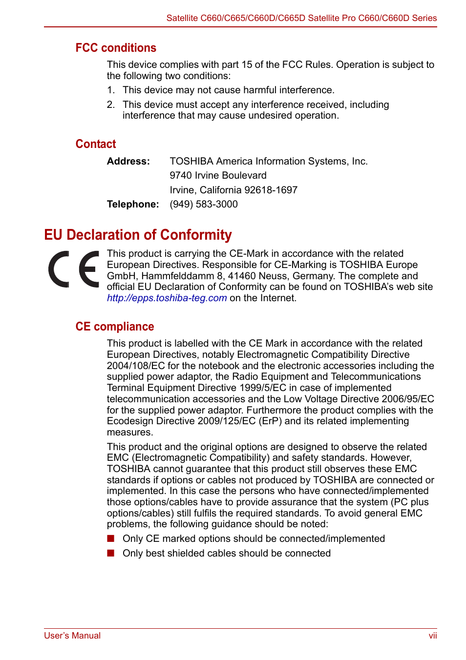 Eu declaration of conformity, Fcc conditions, Contact | Ce compliance | Toshiba Satellite C660 User Manual | Page 7 / 158