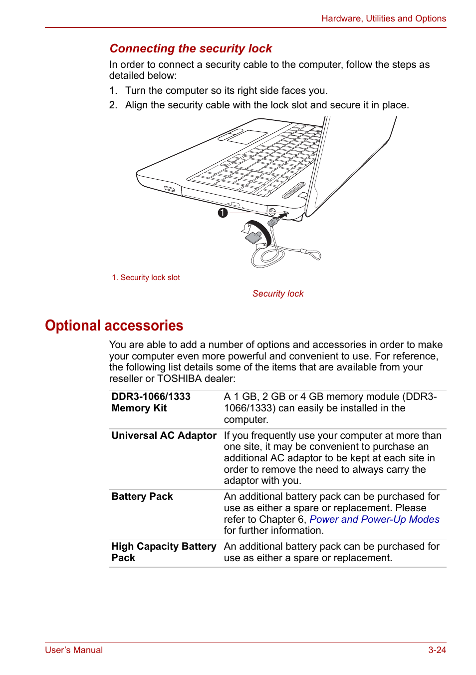 Optional accessories, Optional accessories -24 | Toshiba Satellite C660 User Manual | Page 70 / 158