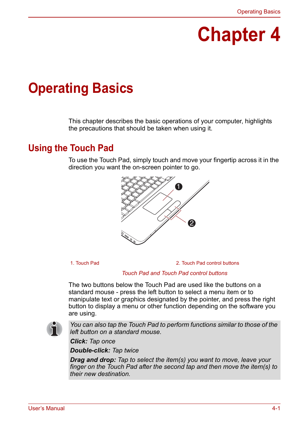 Chapter 4: operating basics, Using the touch pad, Chapter 4 | Operating basics, Using the touch pad -1, Operating, Basics, Using, The touch pad, Ter 4 | Toshiba Satellite C660 User Manual | Page 71 / 158