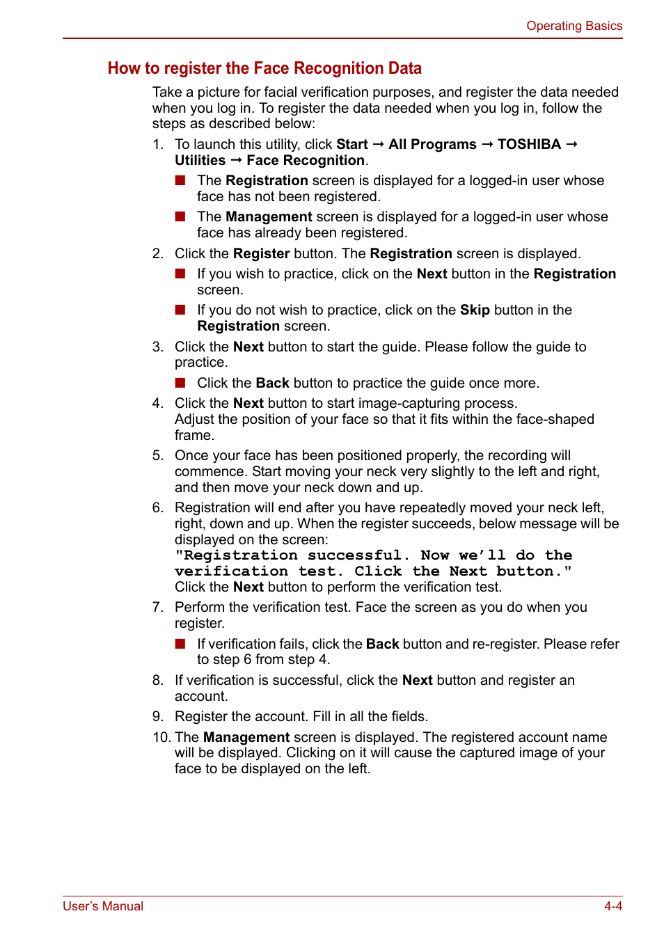 How to register the face recognition data | Toshiba Satellite C660 User Manual | Page 74 / 158