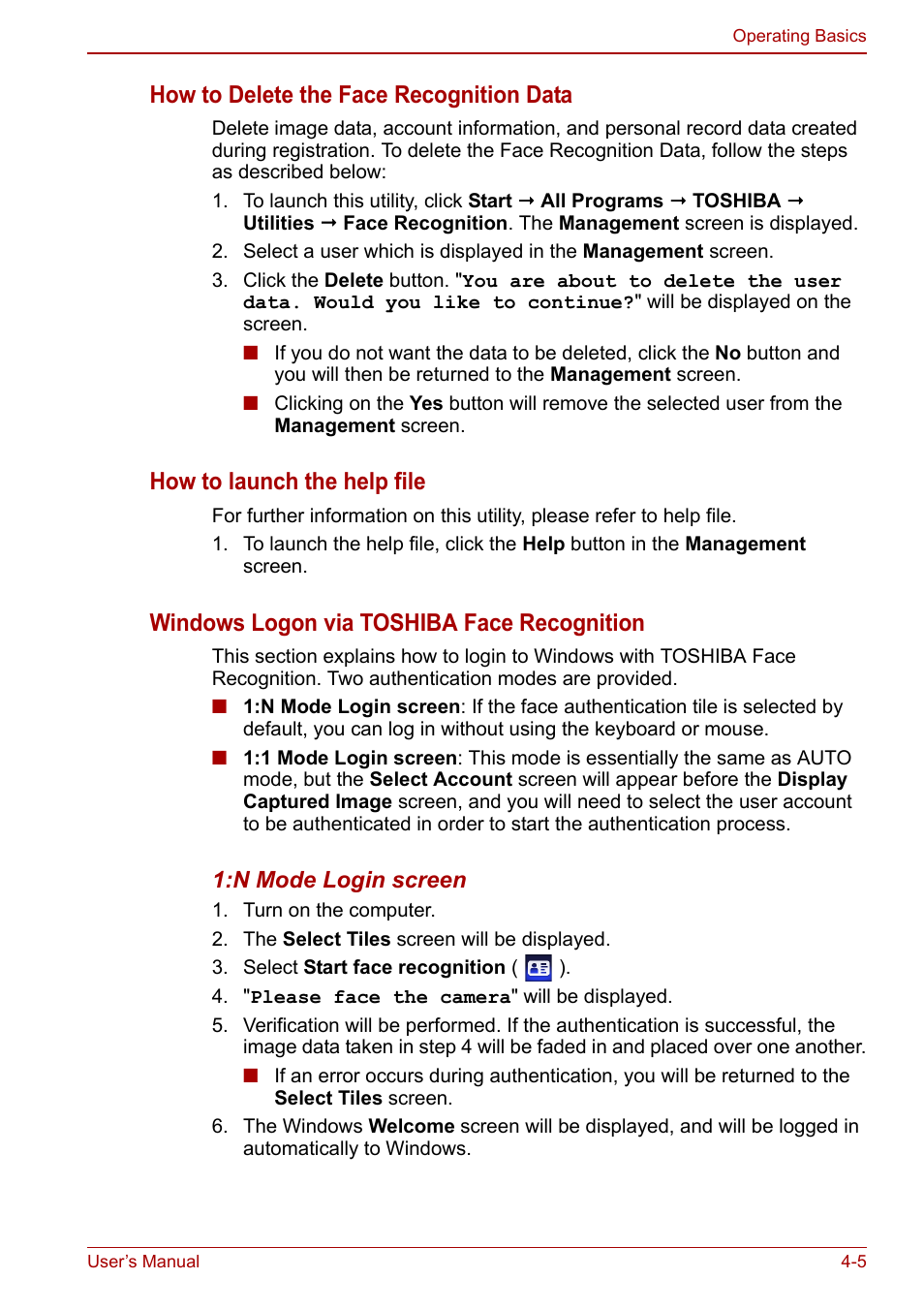 How to delete the face recognition data, How to launch the help file, Windows logon via toshiba face recognition | Toshiba Satellite C660 User Manual | Page 75 / 158