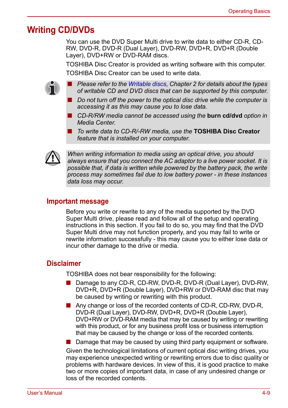 Writing cd/dvds, Writing cd/dvds -9, Important message | Disclaimer | Toshiba Satellite C660 User Manual | Page 79 / 158