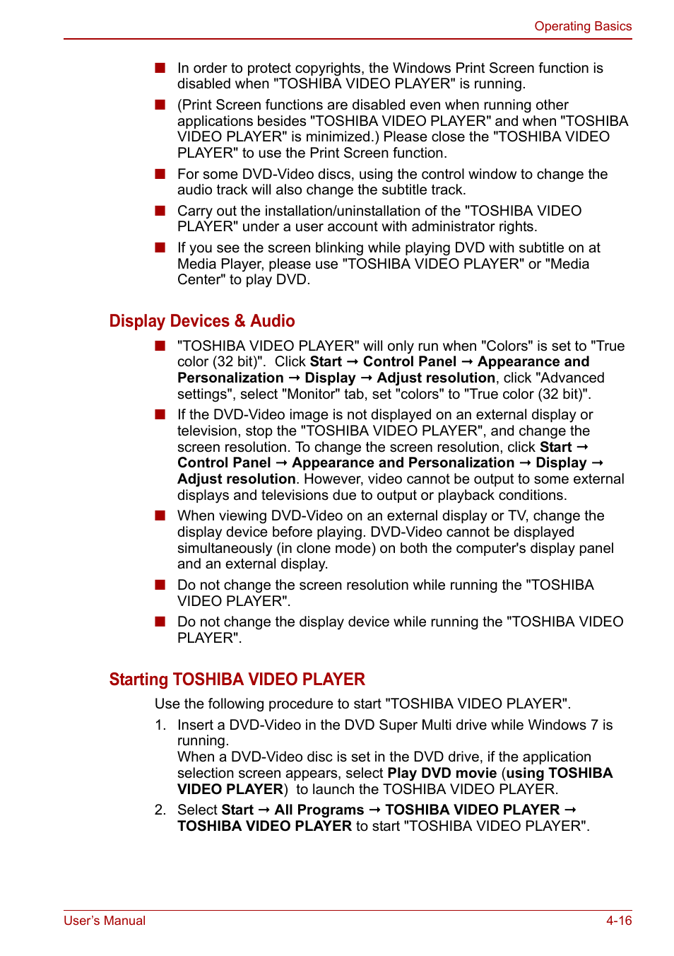 Display devices & audio, Starting toshiba video player | Toshiba Satellite C660 User Manual | Page 86 / 158