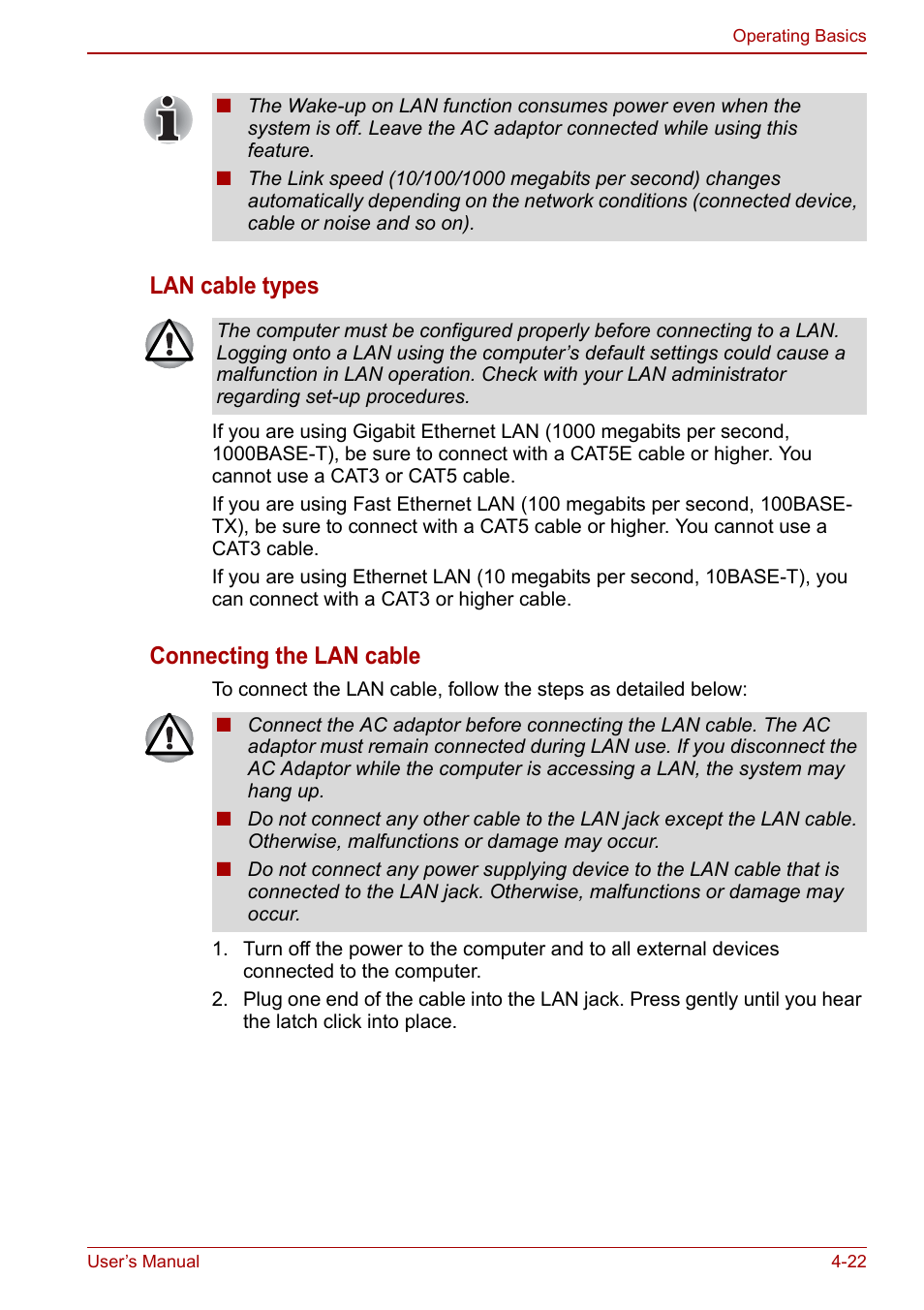 Lan cable types, Connecting the lan cable | Toshiba Satellite C660 User Manual | Page 92 / 158