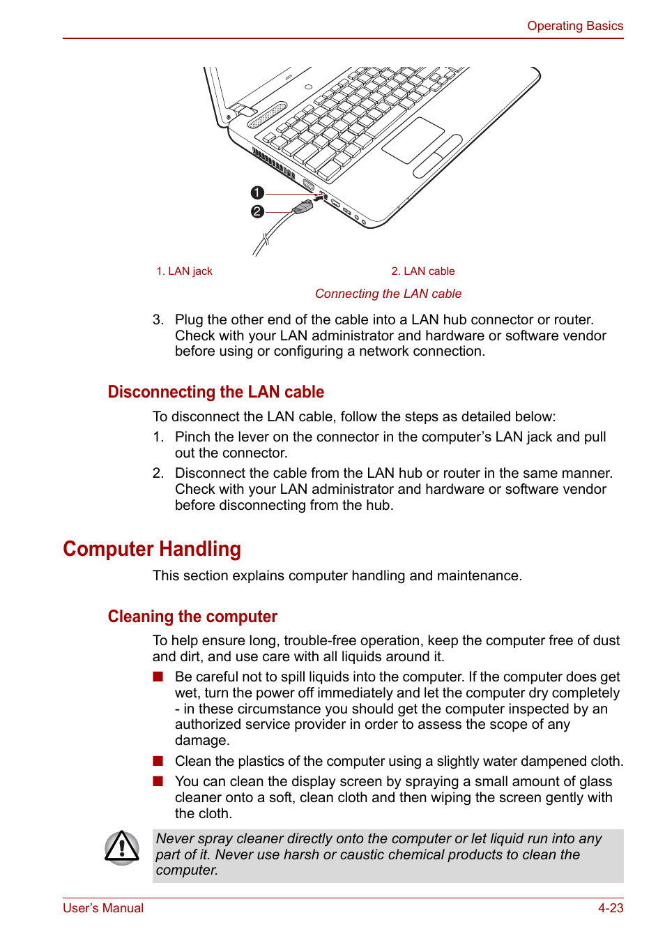 Computer handling, Computer handling -23, Disconnecting the lan cable | Cleaning the computer | Toshiba Satellite C660 User Manual | Page 93 / 158