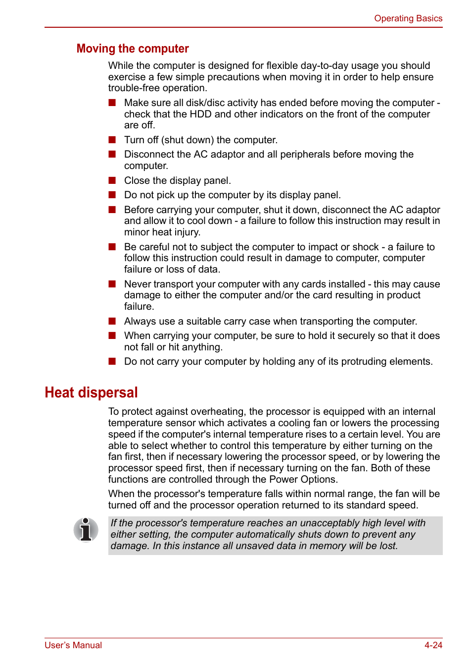 Heat dispersal, Heat dispersal -24, Moving the computer | Toshiba Satellite C660 User Manual | Page 94 / 158