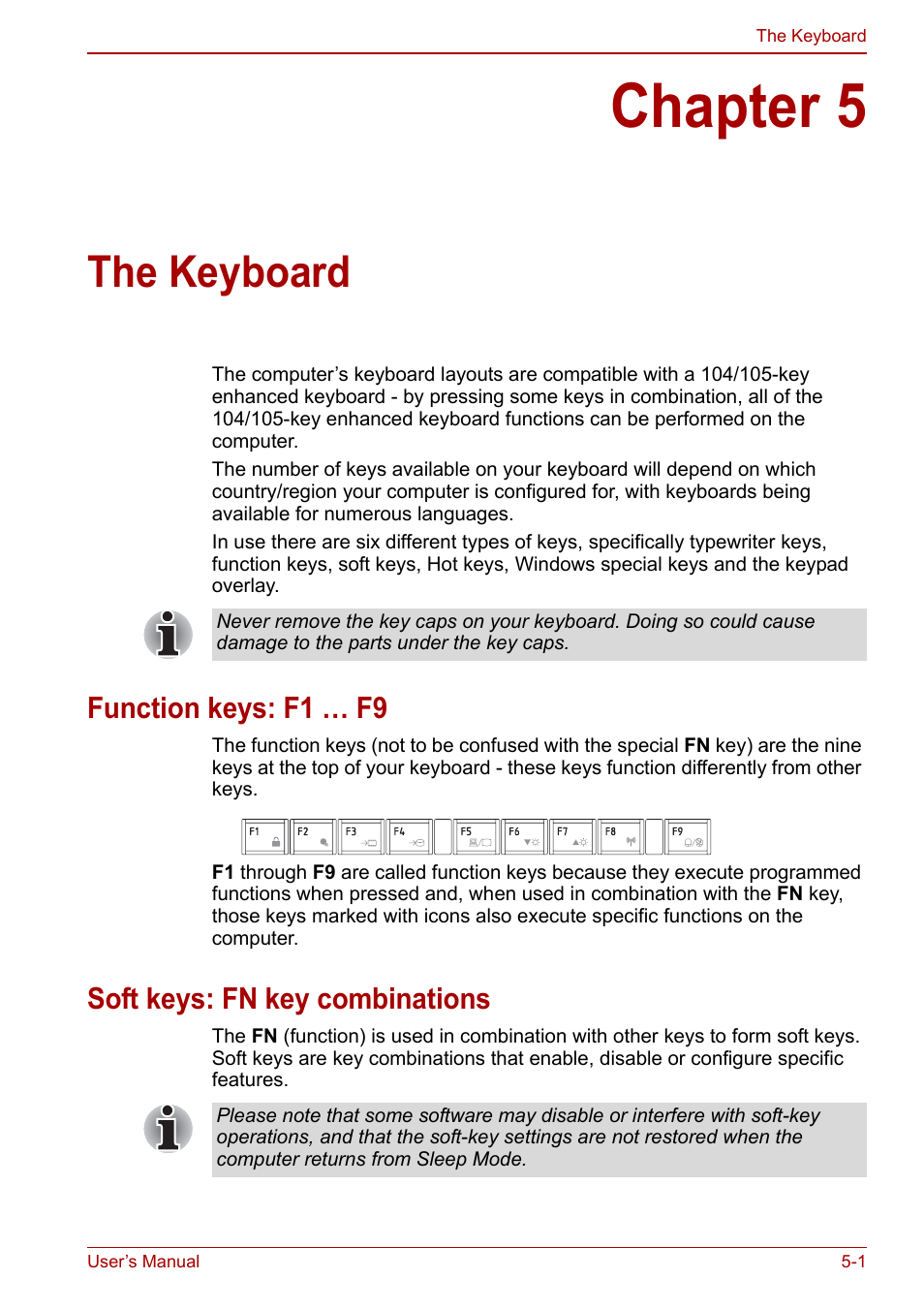 Chapter 5: the keyboard, Function keys: f1 … f9, Soft keys: fn key combinations | Chapter 5, The keyboard, Apter 5, Keyboard | Toshiba Satellite C660 User Manual | Page 95 / 158