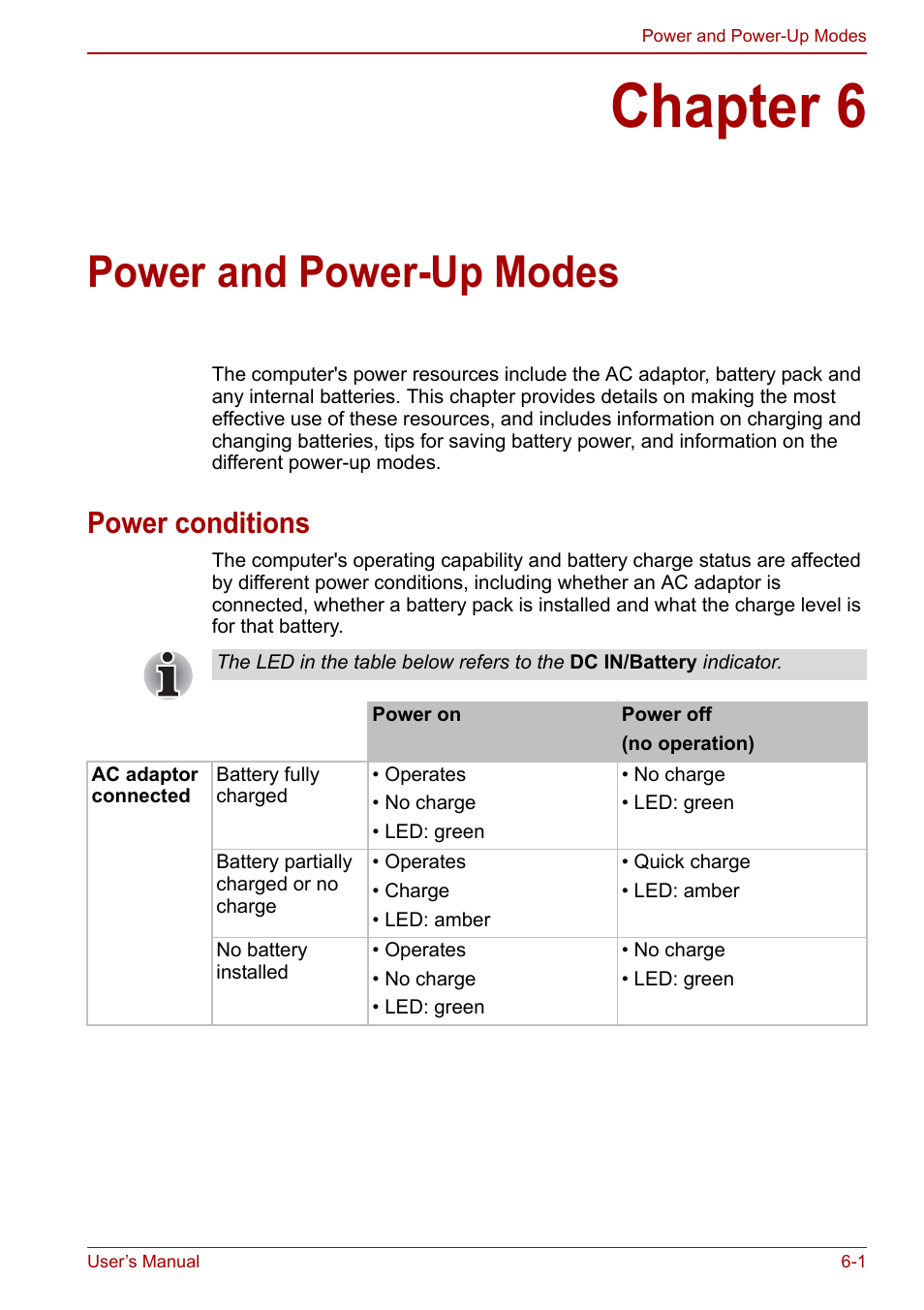 Chapter 6: power and power-up modes, Power conditions, Chapter 6 | Power and power-up modes, Power conditions -1, Power, And power-up modes, Power and power-up, Modes | Toshiba Satellite C660 User Manual | Page 98 / 158