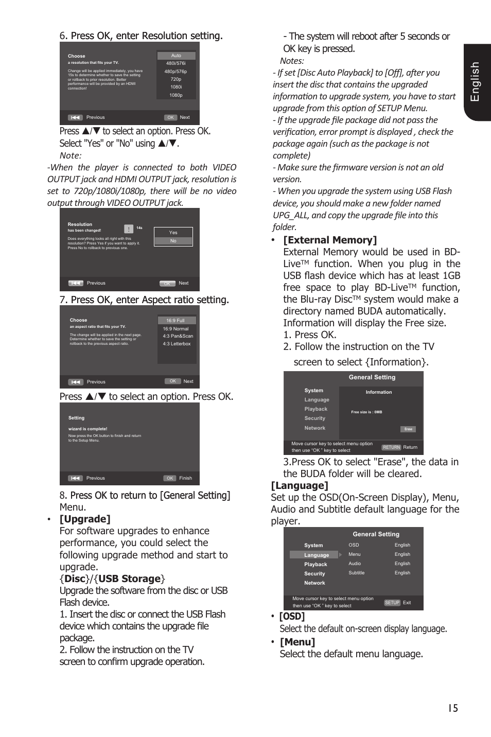 1 e ng lis h, Press./ to.select.an.option..press.ok, Function,. the.blu-ray.disc | Osd] select.the.default.on-screen.display.language, Menu] select.the.default.menu.language | Toshiba BDX1200 User Manual | Page 15 / 44