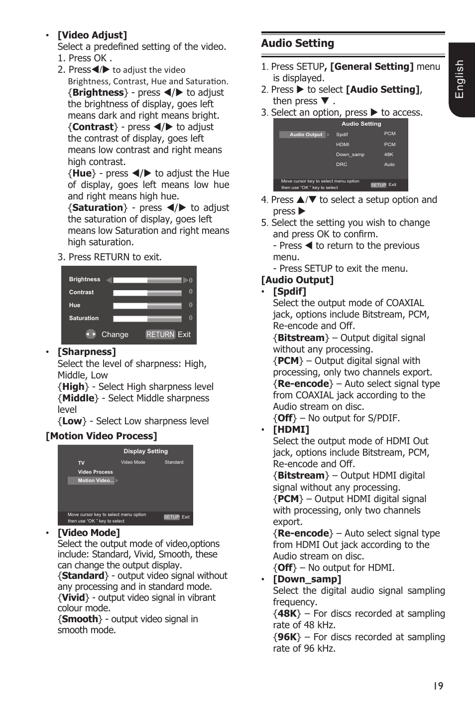 1 e ng lis h, Audio setting | Toshiba BDX1200 User Manual | Page 19 / 44