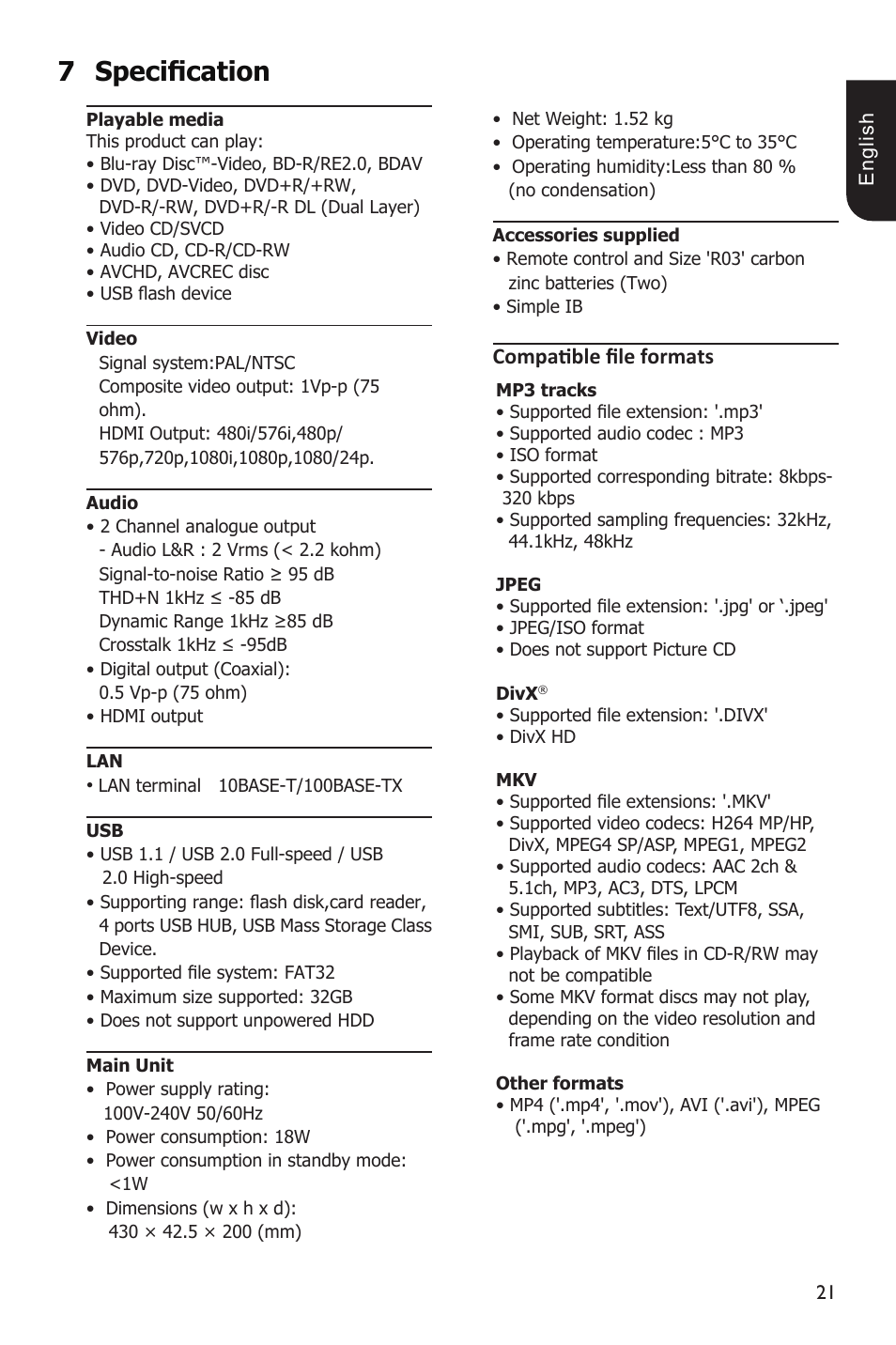 7specification, Compatible file formats | Toshiba BDX1200 User Manual | Page 21 / 44