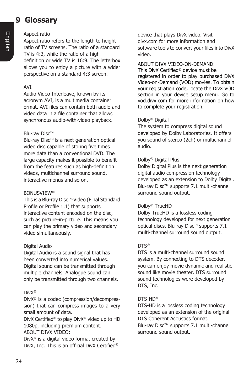 9 glossary, E ng lis h | Toshiba BDX1200 User Manual | Page 24 / 44