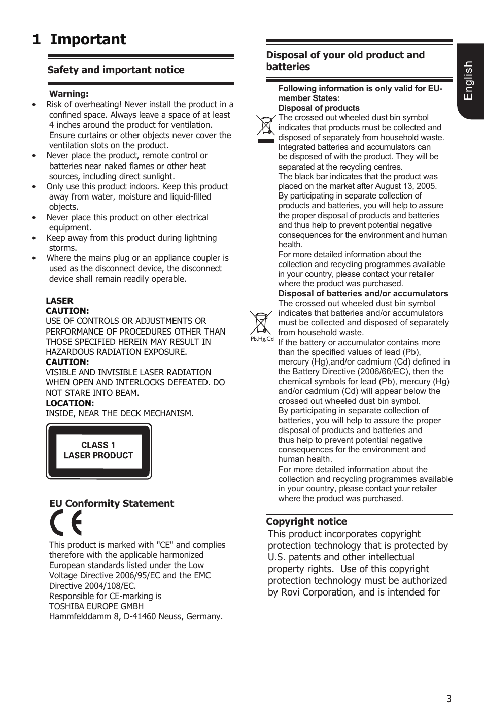 Important, E ng lis h | Toshiba BDX1200 User Manual | Page 3 / 44