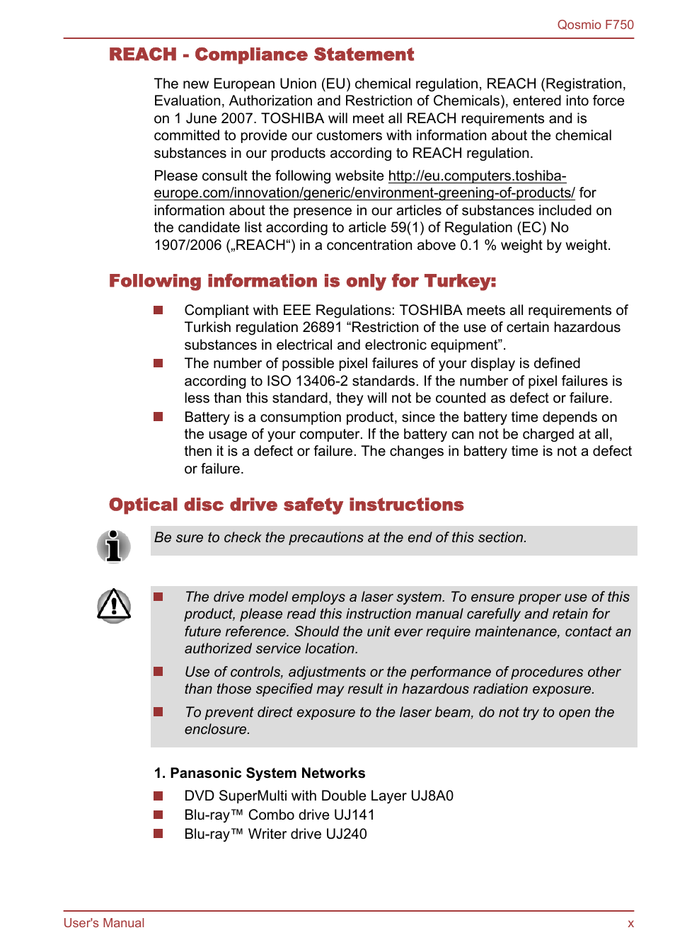 Reach - compliance statement, Following information is only for turkey, Optical disc drive safety instructions | Toshiba Qosmio F750 User Manual | Page 10 / 181