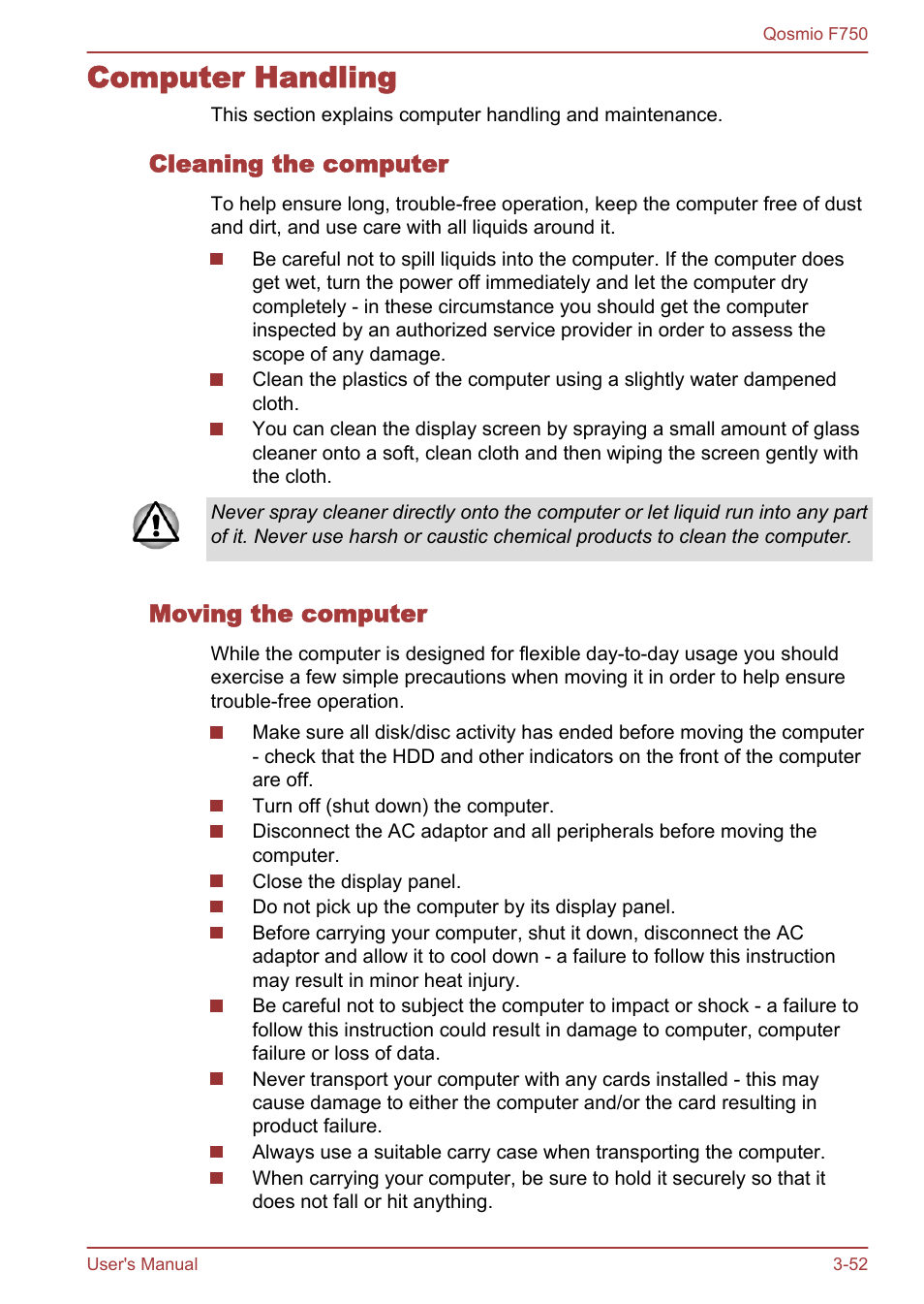 Computer handling, Cleaning the computer, Moving the computer | Computer handling -52 | Toshiba Qosmio F750 User Manual | Page 100 / 181