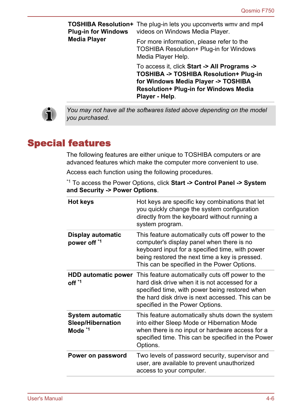Special features, Special features -6 | Toshiba Qosmio F750 User Manual | Page 107 / 181
