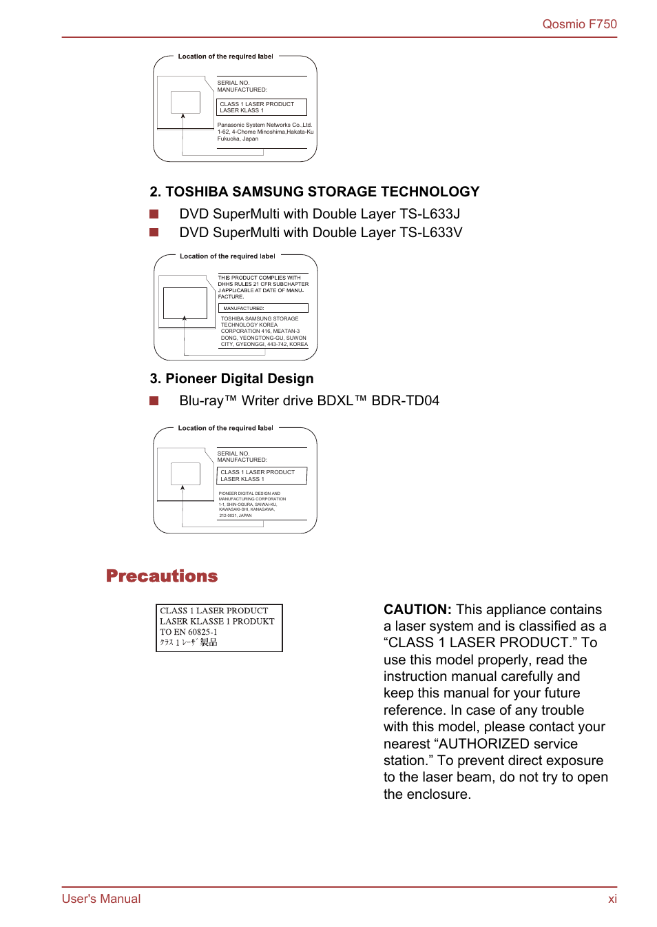 Precautions, Qosmio f750 user's manual xi | Toshiba Qosmio F750 User Manual | Page 11 / 181