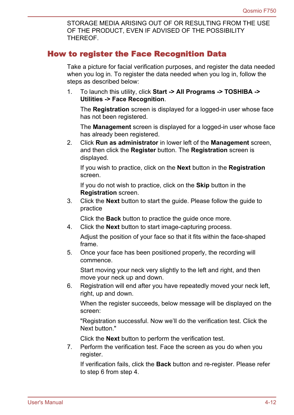 How to register the face recognition data | Toshiba Qosmio F750 User Manual | Page 113 / 181