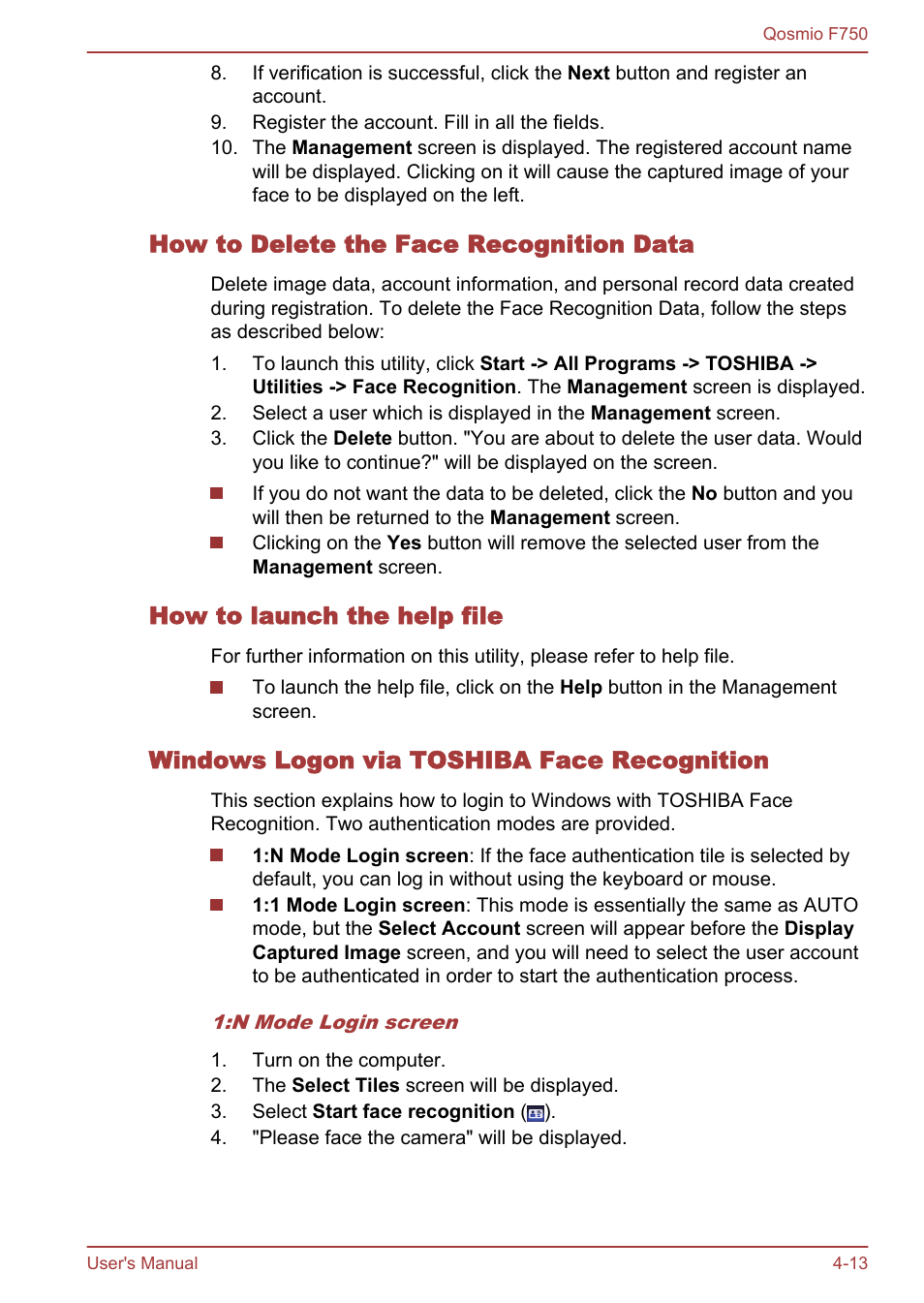 How to delete the face recognition data, How to launch the help file, Windows logon via toshiba face recognition | Toshiba Qosmio F750 User Manual | Page 114 / 181