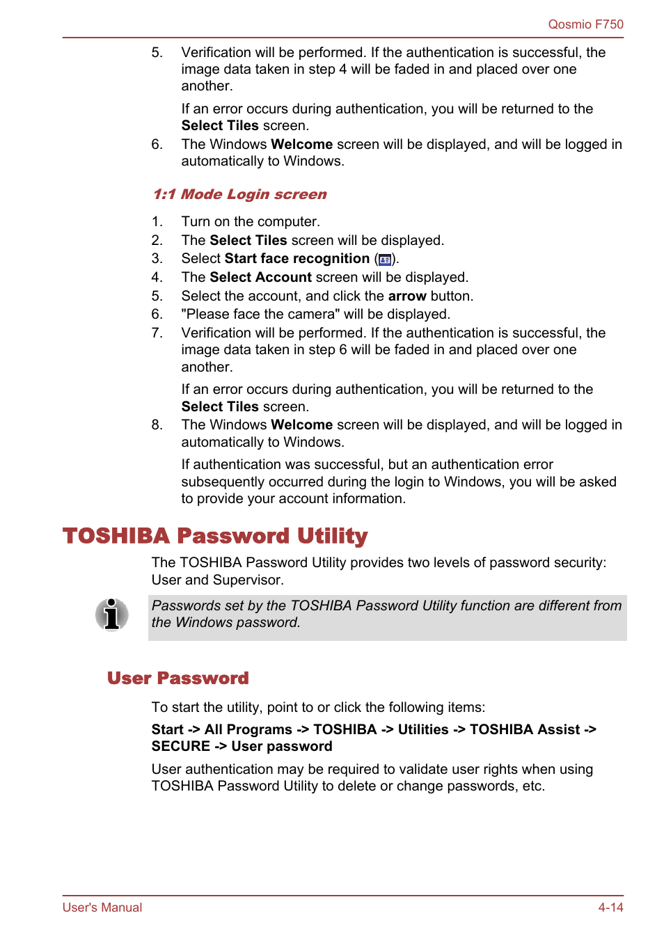 Toshiba password utility, User password, Toshiba password utility -14 | Toshiba Qosmio F750 User Manual | Page 115 / 181