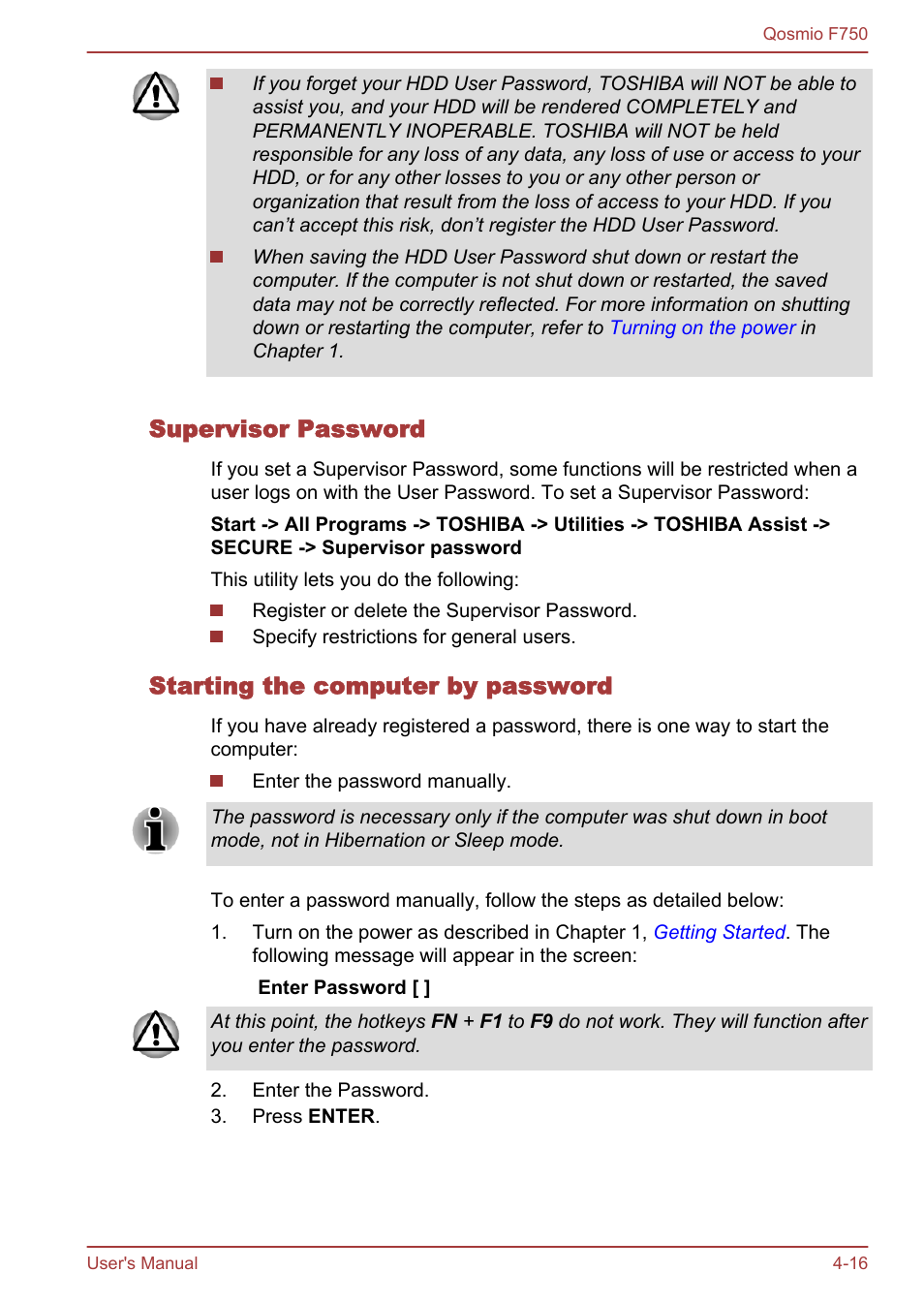 Supervisor password, Starting the computer by password | Toshiba Qosmio F750 User Manual | Page 117 / 181