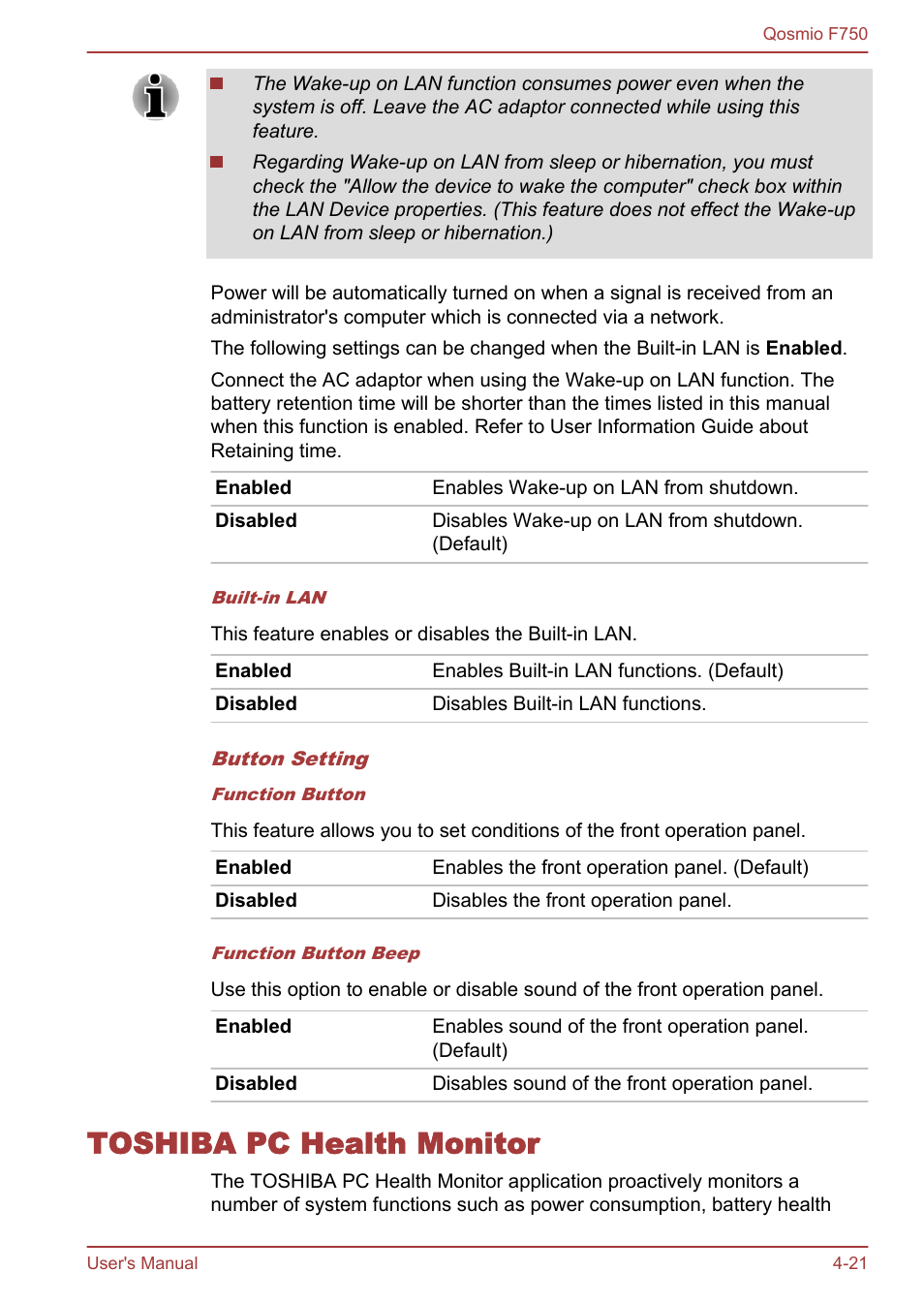 Toshiba pc health monitor, Toshiba pc health monitor -21 | Toshiba Qosmio F750 User Manual | Page 122 / 181