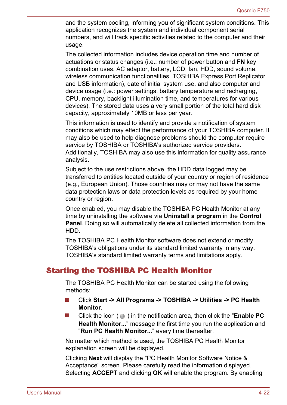 Starting the toshiba pc health monitor | Toshiba Qosmio F750 User Manual | Page 123 / 181