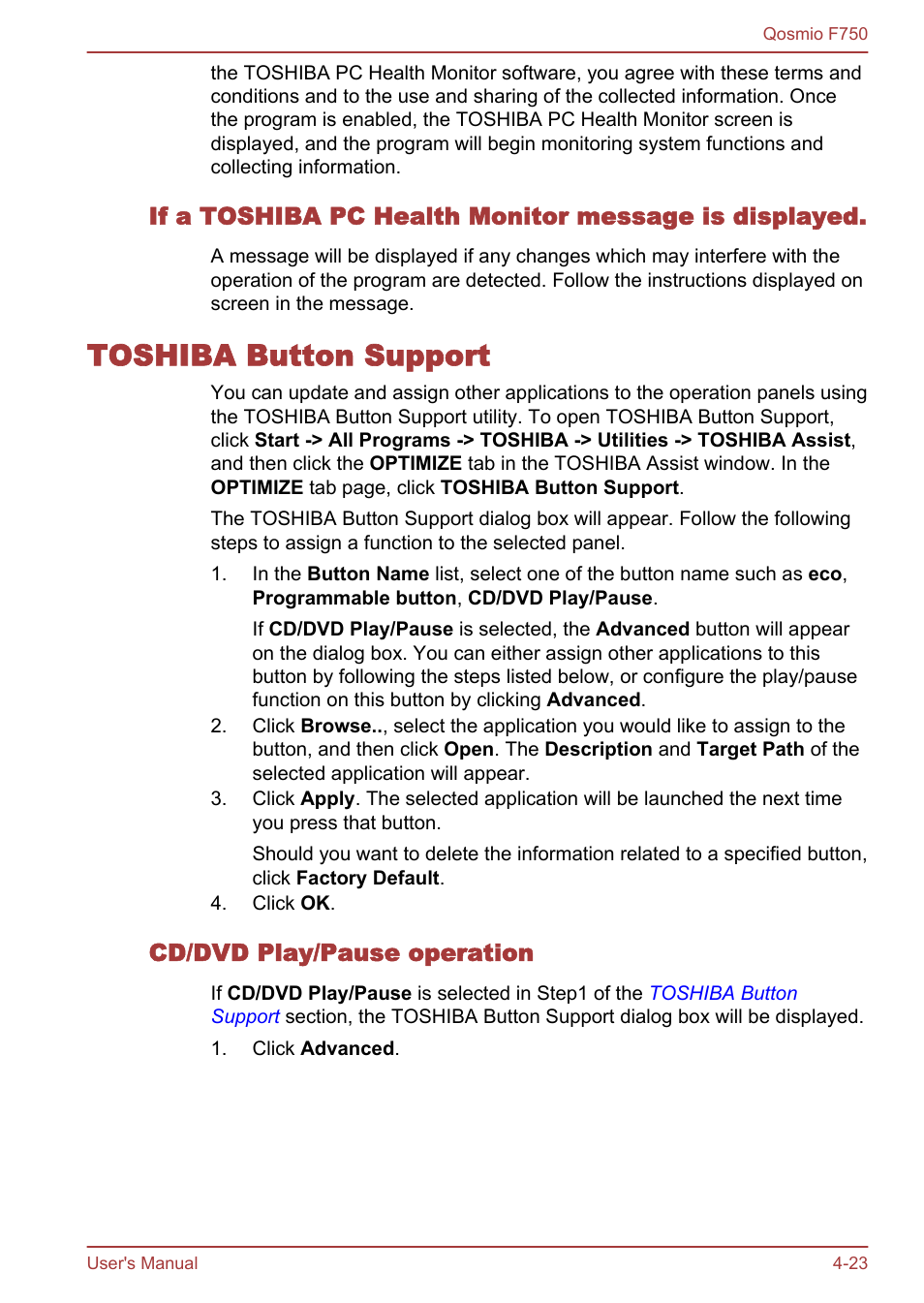 Toshiba button support, Cd/dvd play/pause operation, Toshiba button support -23 | Toshiba Qosmio F750 User Manual | Page 124 / 181