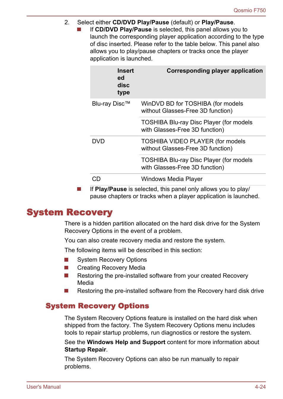 System recovery, System recovery options, System recovery -24 | Toshiba Qosmio F750 User Manual | Page 125 / 181