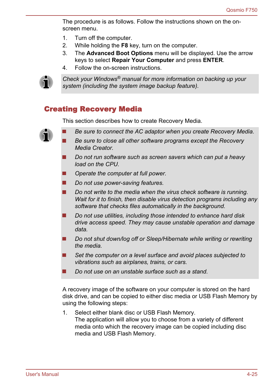 Creating recovery media | Toshiba Qosmio F750 User Manual | Page 126 / 181