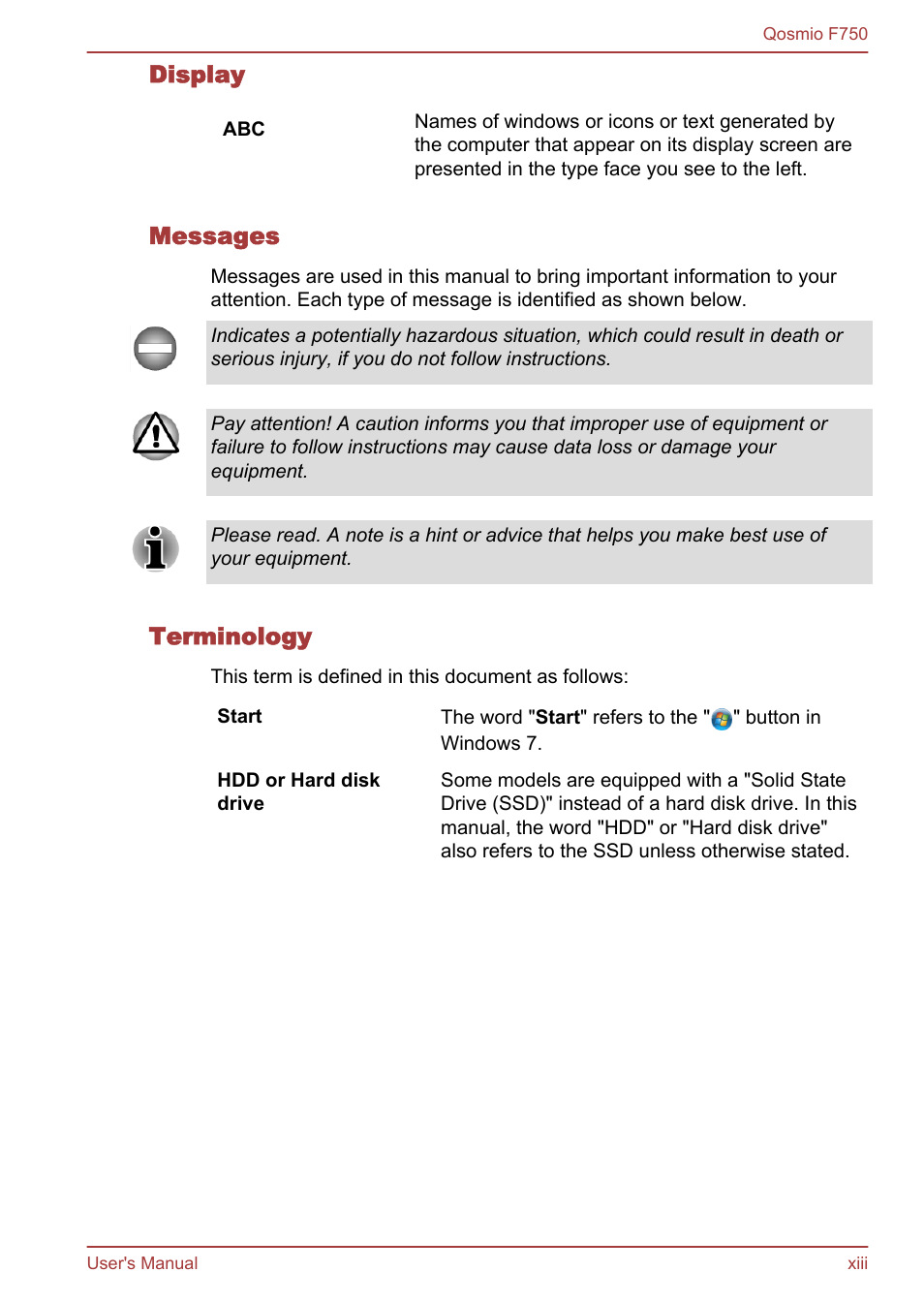Display, Messages, Terminology | Toshiba Qosmio F750 User Manual | Page 13 / 181