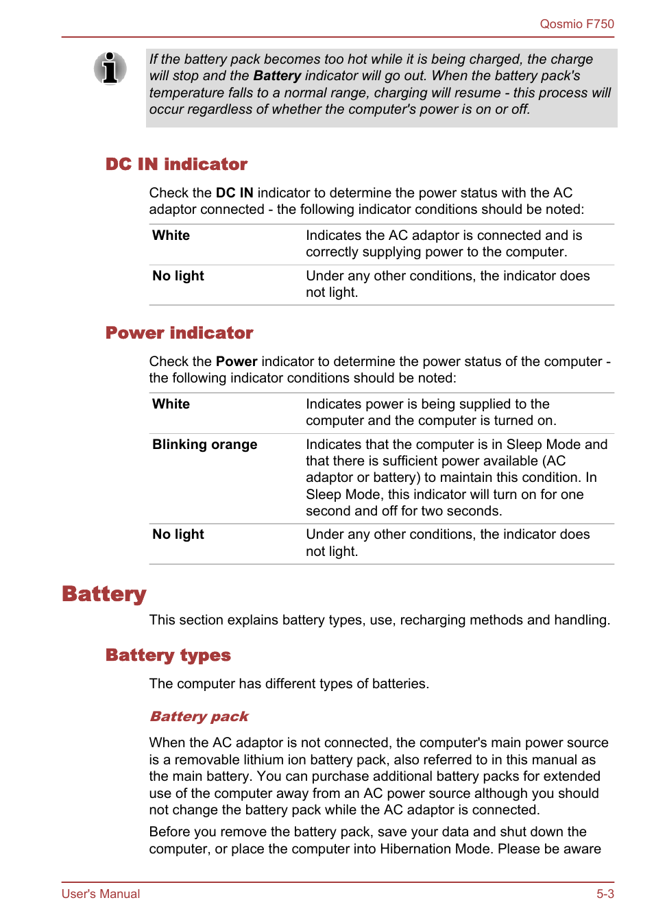 Dc in indicator, Power indicator, Battery | Battery types, Battery -3 | Toshiba Qosmio F750 User Manual | Page 132 / 181