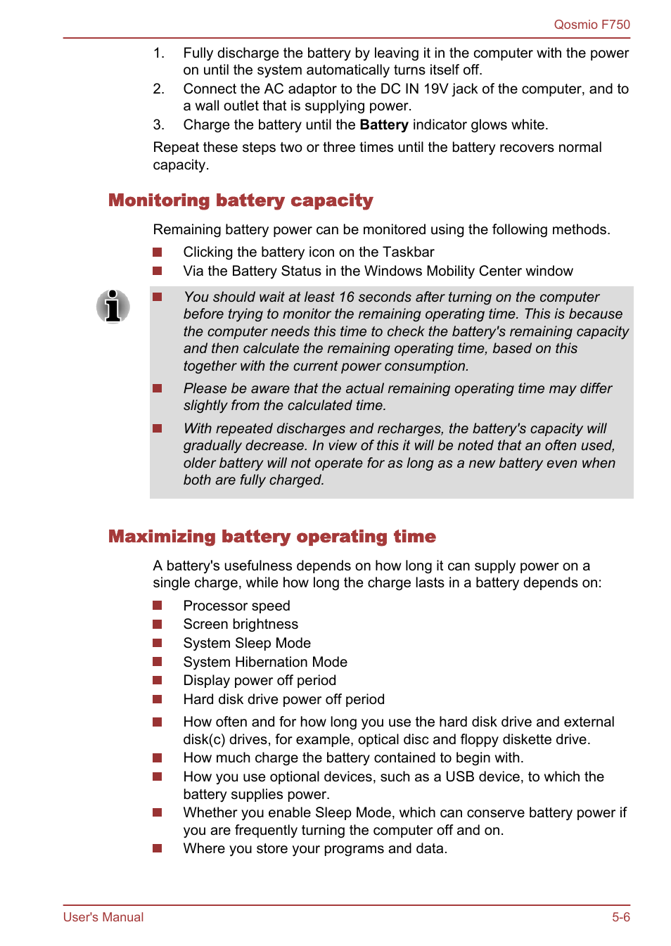 Monitoring battery capacity, Maximizing battery operating time | Toshiba Qosmio F750 User Manual | Page 135 / 181