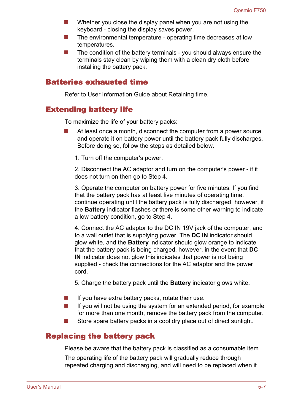 Batteries exhausted time, Extending battery life, Replacing the battery pack | Section in | Toshiba Qosmio F750 User Manual | Page 136 / 181