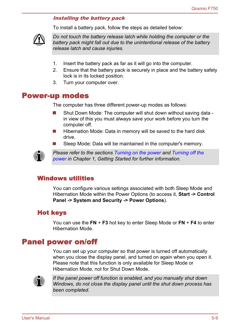 Power-up modes, Windows utilities, Hot keys | Panel power on/off, Power-up modes -9 panel power on/off -9 | Toshiba Qosmio F750 User Manual | Page 138 / 181