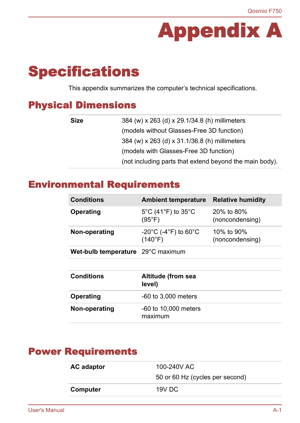 Appendix a specifications, Physical dimensions, Environmental requirements | Power requirements, Appendix a, Specifications | Toshiba Qosmio F750 User Manual | Page 157 / 181