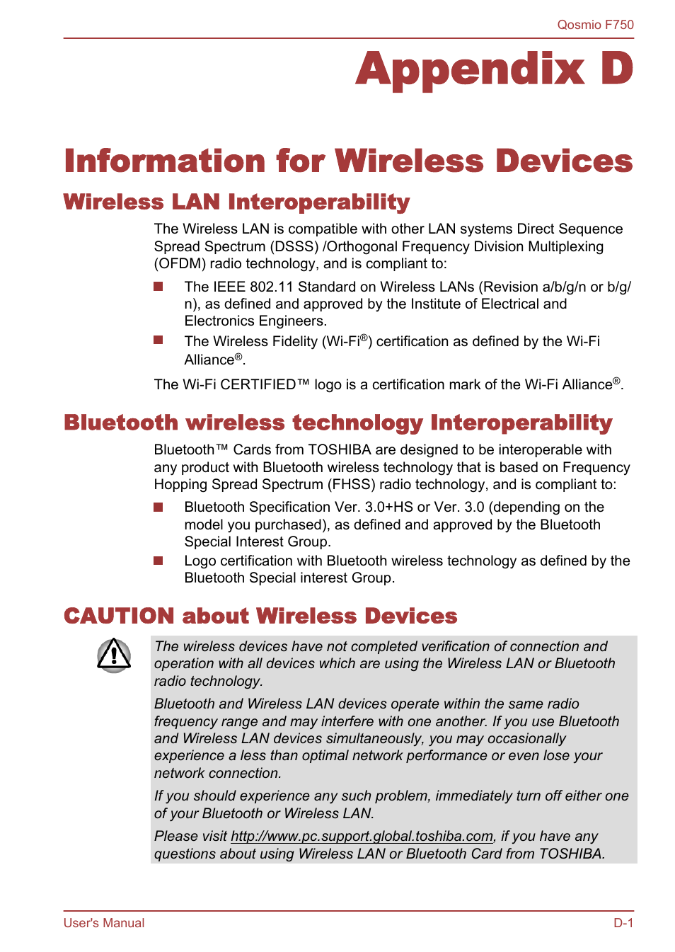 Appendix d information for wireless devices, Wireless lan interoperability, Bluetooth wireless technology interoperability | Caution about wireless devices, Appendix d, Information for wireless devices | Toshiba Qosmio F750 User Manual | Page 165 / 181