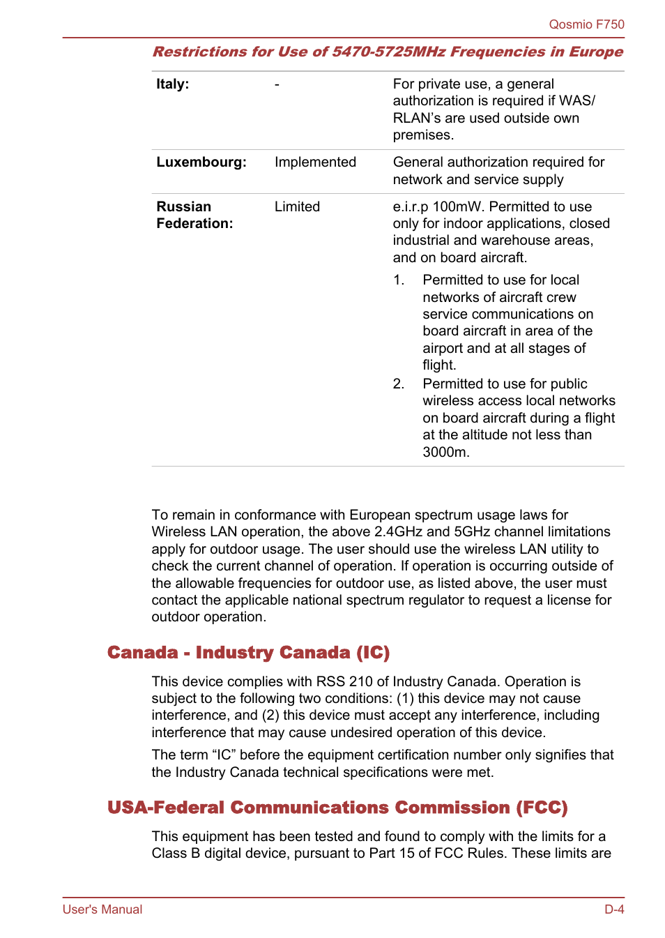 Canada - industry canada (ic), Usa-federal communications commission (fcc) | Toshiba Qosmio F750 User Manual | Page 168 / 181