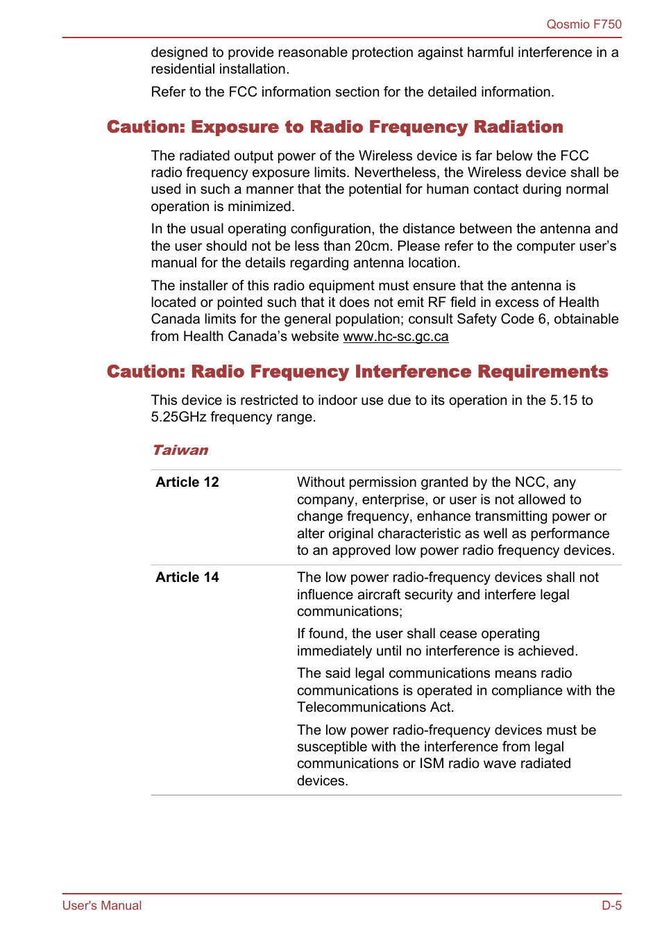 Caution: exposure to radio frequency radiation, Caution: radio frequency interference requirements | Toshiba Qosmio F750 User Manual | Page 169 / 181