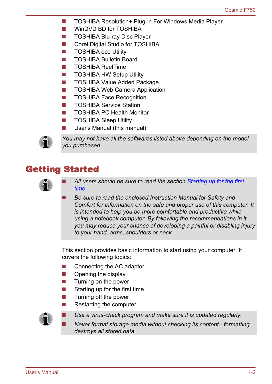 Getting started, Getting started -2 | Toshiba Qosmio F750 User Manual | Page 18 / 181